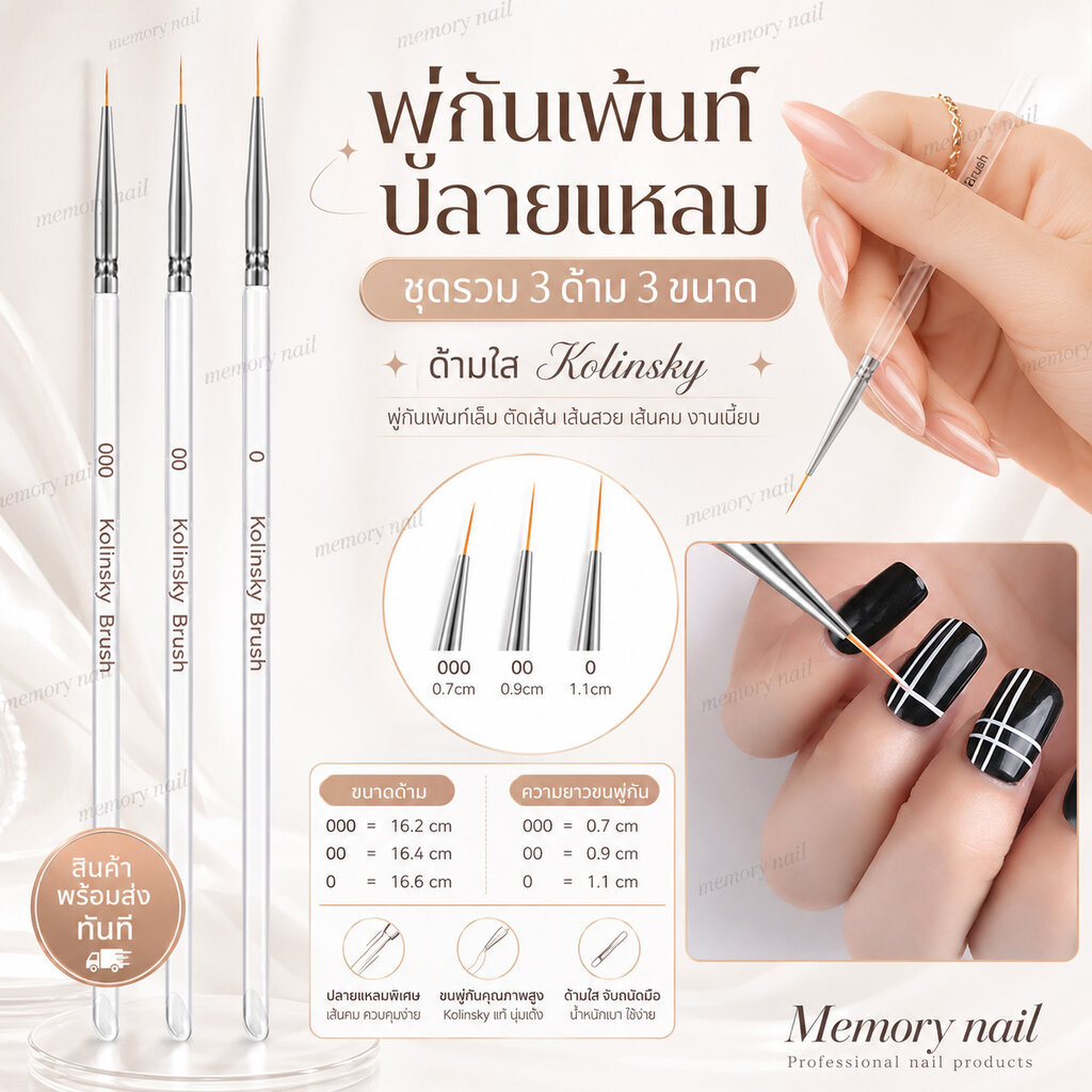 (ด้ามใส Kolinsky) ชุดรวม 3ขนาด พู่กันเพ้นท์เล็บ ปลายแหลม วาดเส้น ตัดเส้น คมชัด เส้นสวย