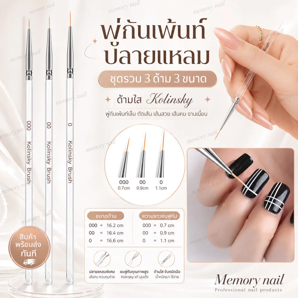 (ด้ามใส Kolinsky) ชุดรวม 3ขนาด พู่กันเพ้นท์เล็บ ปลายแหลม วาดเส้น ตัดเส้น คมชัด เส้นสวย
