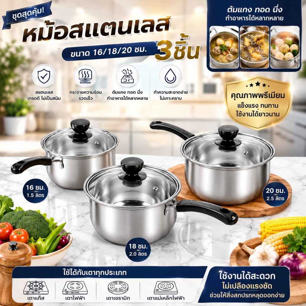 หม้อสแตนเลสอเนกประสงค์ 3 ใบ ต้ม ผัด แกง ได้ครบ ใช้ได้กับเตาแม่เหล็กไฟฟ้า 16/18/20 ซม. ฟรีของแถม คุ้มสุด