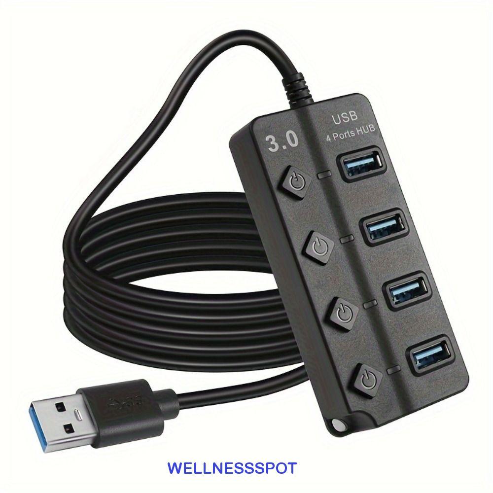 WELLNESSSPOT ฮับ USB 3.0, 4 พอร์ตพร้อมสวิตช์แยก USB หลายตัว, อะแดปเตอร์ไฟความเร็วสูง 5Gbps สายยาวหลาย Expander Hub อุปกรณ์เสริมคอมพิวเตอร์