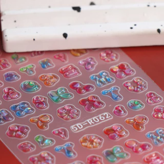 HAMA 5D Coquette สติกเกอร์เล็บน่ารัก Jelly Ribbon Star ตัวอักษรหมี Kawaii สไตล์เกาหลี Aurora 3D บรรเทา Self-Adhesive เล็บ Decals