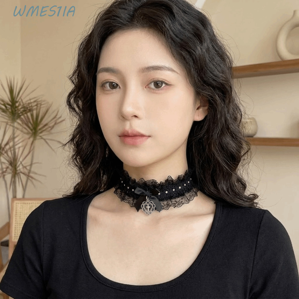 WMES1IA สร้อยคอลูกไม้, Love Heart Bow Collar Lolita Choker, เครื่องแต่งกายอุปกรณ์เสริม Y2K Party เคร