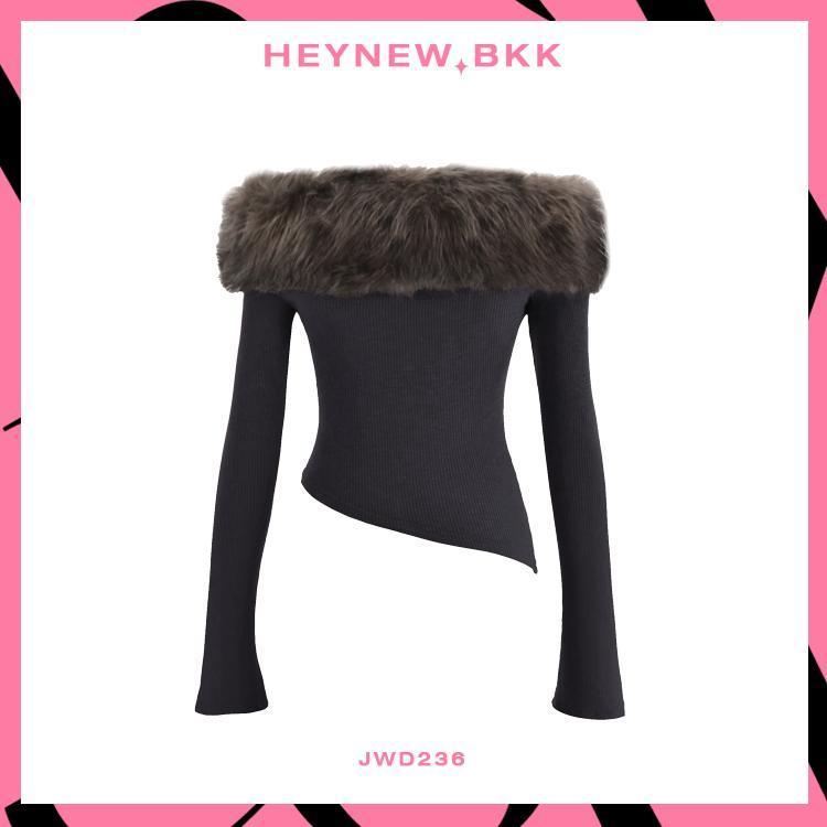 เสื้อพรมหนังแกะแขนยาวปิดไหล่ทรงไม่สมมาตรสำหรับผู้หญิง สไตล์cropped สีขาว เหมาะสำหรับฤดูใบไม้ร่วง - รูปที่ 5