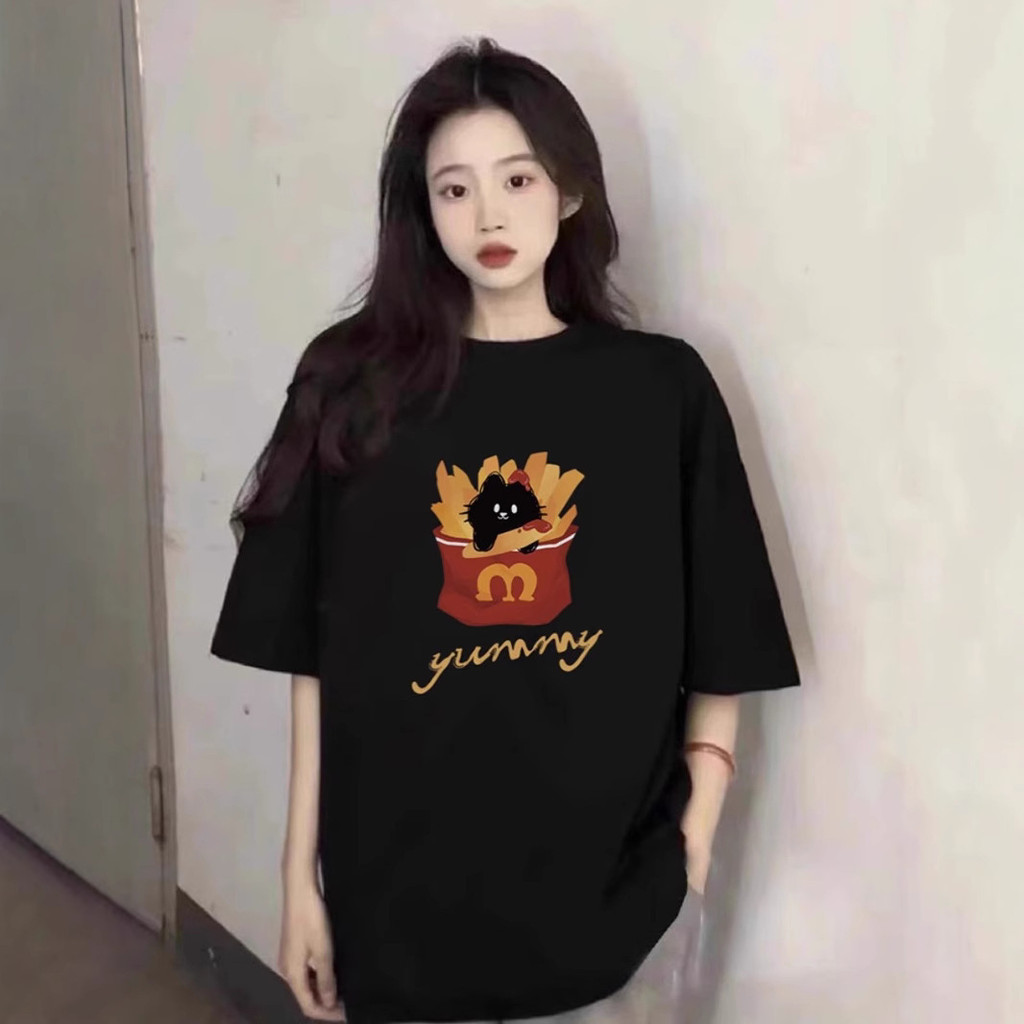 เสื้อยืดแขนสั้น French Fries Cat สไตล์ใหม่สำหรับหน้าร้อน รอบคอหญิง COD H9J8