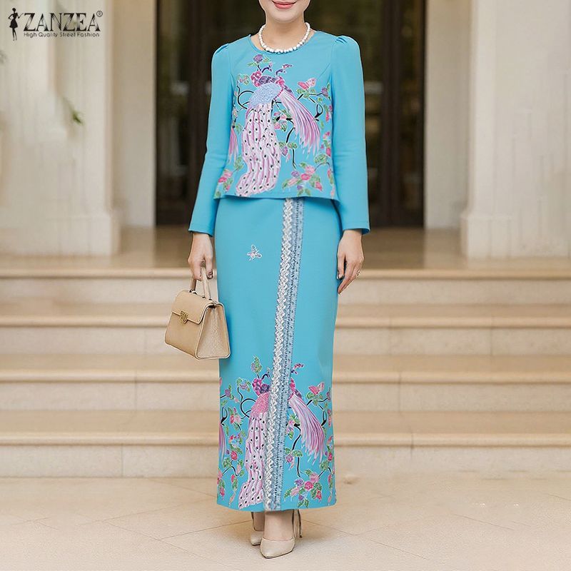 ZANZEA ใส่ ซานเซีย ผู้หญิงเกาหลีหรูหรารอบคอแขนยาวพิมพ์กลับเอวยืดหยุ่นติดตั้งชุดกระโปรงสม๊อค — صورة 5