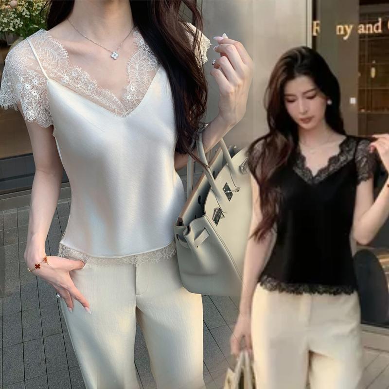 BG เสื้อกั๊กแต่งขอบลูกไม้สำหรับผู้หญิง คอวี แขนสั้น ทรงหลวม เซ็กซี่ เหมาะสำหรับสวมใส่ในฤดูร้อน 99296