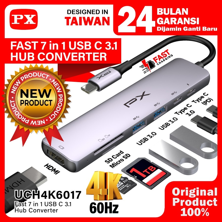 ตัวแปลงฮับ USB Type C 3.1 Type C HDMI 4K 60Hz USB 3.0 7 in 1 PX UCH4K6017