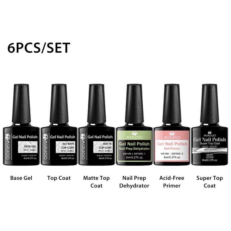 MSRUOO Top Coat และเล็บ Prep Dehydrator 6 ชิ้น/เซ็ต 8ML ติดทนนาน Functional เจล UV Soak Off Nail Art