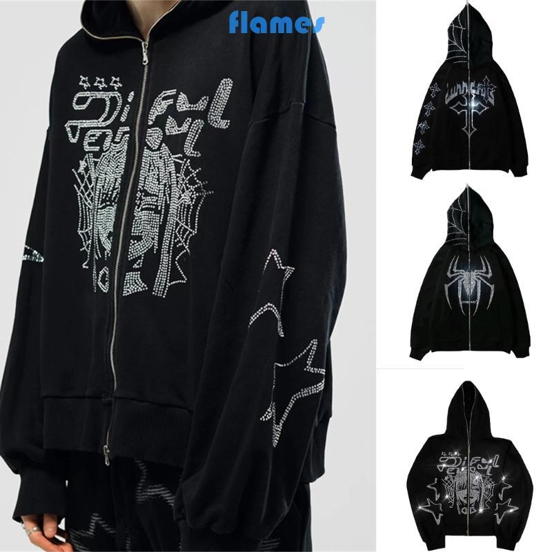 FL Rhinestone กราฟิก Zip Up Hoodie สําหรับผู้หญิงผู้ชายขนาดใหญ่ Y2k เสื้อกันหนาวแจ็คเก็ต