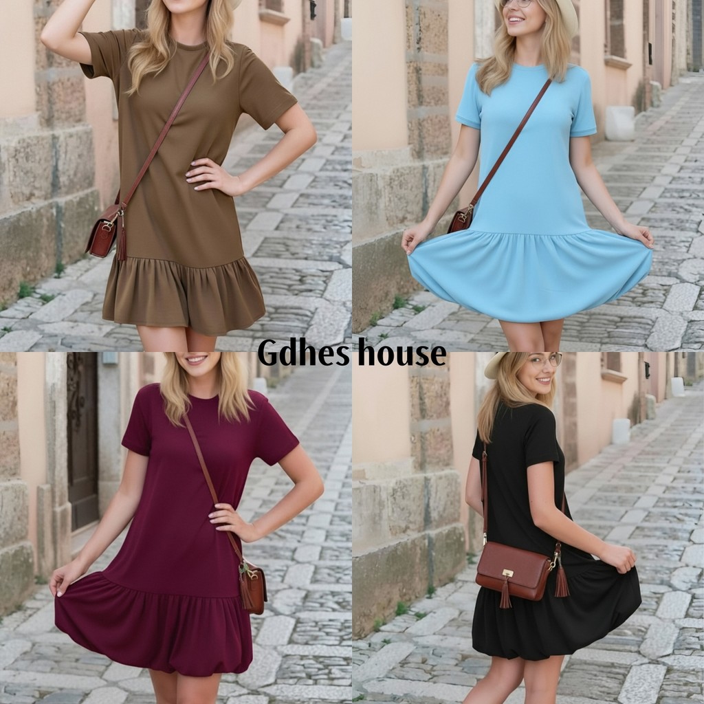Gdhes house ชุดเดรสผู้หญิงแบบเสื้อยืด กระโปรงฟูฟ่อง ผ้าที่ยืดหยุ่นได้ มี 4 สี  #11010