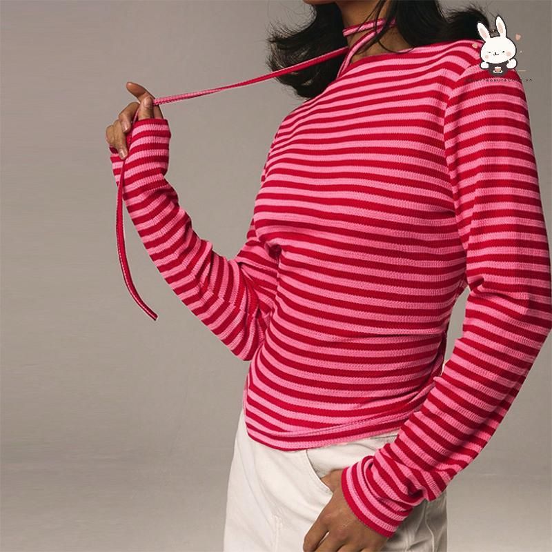 [Teh] เสื้อยืดแขนยาวผู้หญิง Y2k ฤดูใบไม้ร่วงวินเทจแขนยาวบางแฟชั่นเสื้อยืด O-คอ [VN]