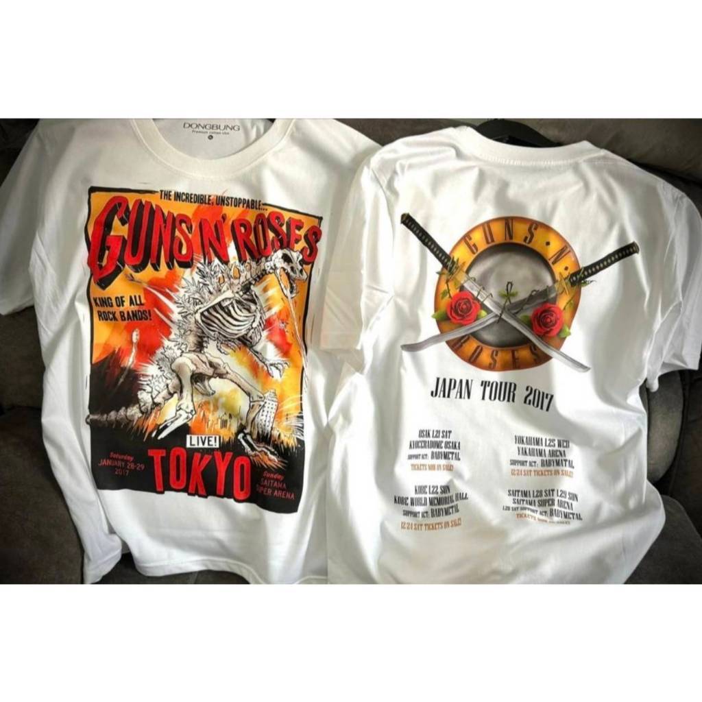 GUNS N’ ROSES โตเกียว Rocket LAB เสื้อยืดสีขาว ผ้าคอตตอนพรีเมี่ยม USA สกรีนแบบ DTG งานละเอียดคุณภาพสูง คมชัด ROC005