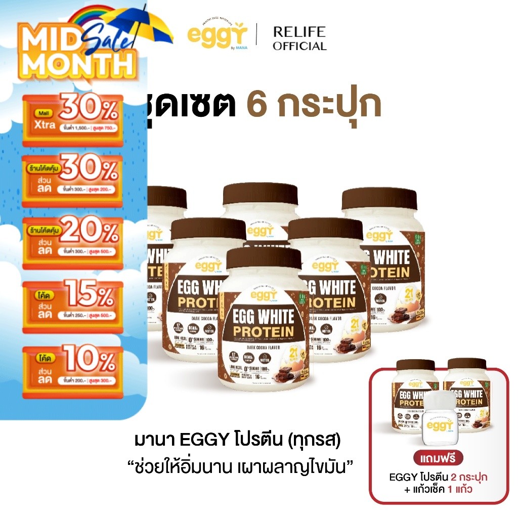 มานา โปรตีนไข่ขาว [6 แถม 2 + แก้วเชค] รสดาร์คโกโก้ Mana White Egg Protein โปรตีน สนยุกต์ เผาผลาญ คุม