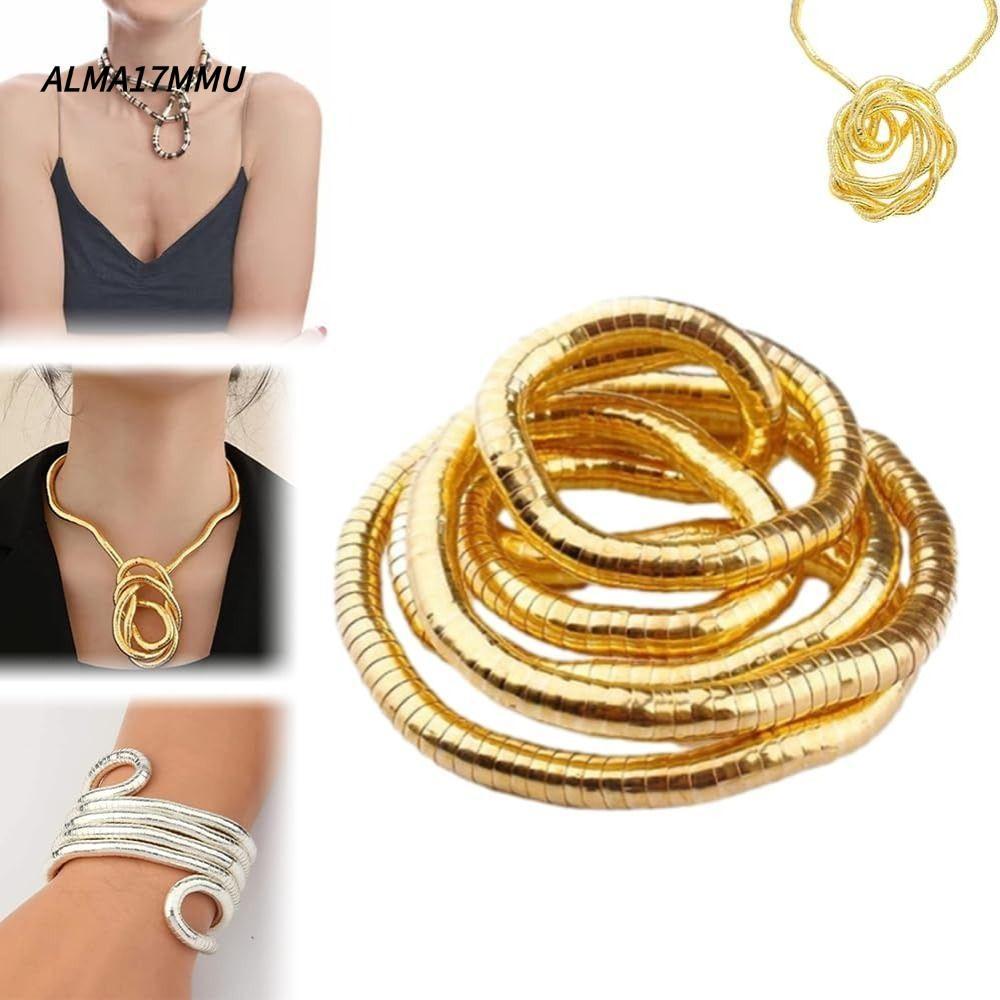 ALMA17MMU ยืดหยุ่น Choker,โลหะผสมสีเงินBurableงูสร้อยคอ,ของขวัญสร้างสรรค์บิดได้สีทองPunkสร้อยข้อมืออ
