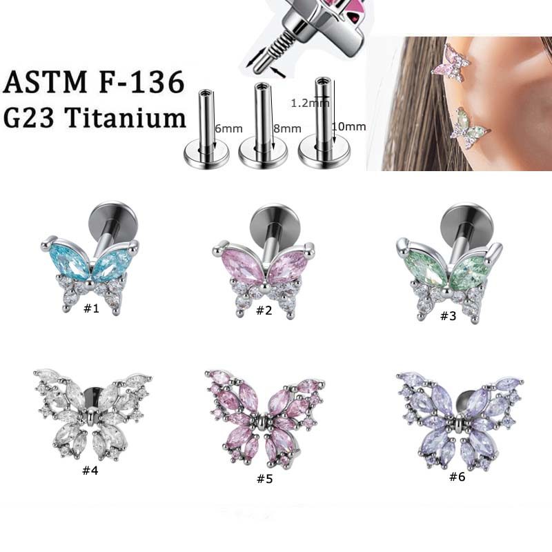 1 ชิ้น/เดี่ยว G23 ไทเทเนียมผีเสื้อรูปร่างกระดูกอ่อนต่างหู Stud Labret หูสตั๊ดภายในเกลียว Zirconia 16Gauge สดเจาะ