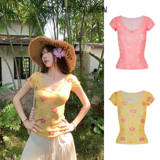 < MOSESQUEEN > มอสส์ ราชินี เสื้อเชิ้ตแขนสั้นลายดอกไม้สีชมพูช่วงวันหยุดสไตล์ฝรั่งเศสพร้อมเสื้อยืดคอปกคอวีและสัมผัส #63693