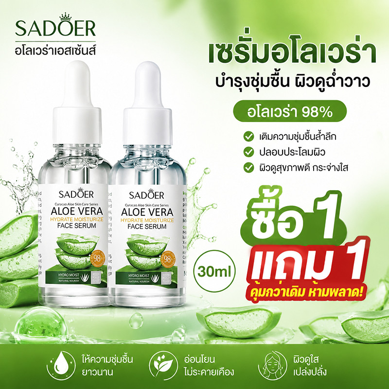 ซื้อ 1 แถม 1🔥เอสเซ้นส์ สารสกัดว่านหางจระเข้ ผิวเรียบเนียน บำรุงผิวหน้า ดูแลผิว ช่วย บำ Sadoer Aloe Vera Essence 30ML
