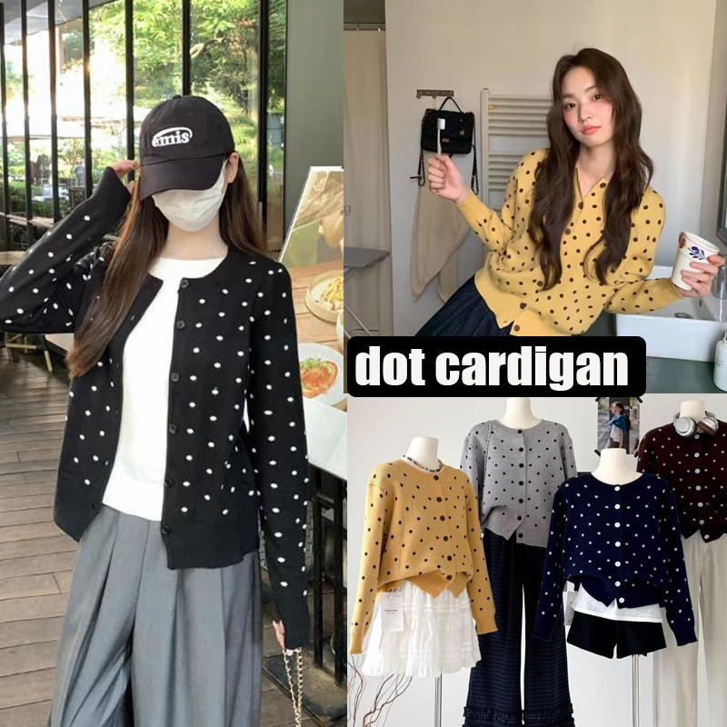 Dahong 💖88040 Polkadot cardigan เสื้อคาร์ดิแกนไหมพรม แขนยาว  คาดิแกนไหมพรมลายจุด