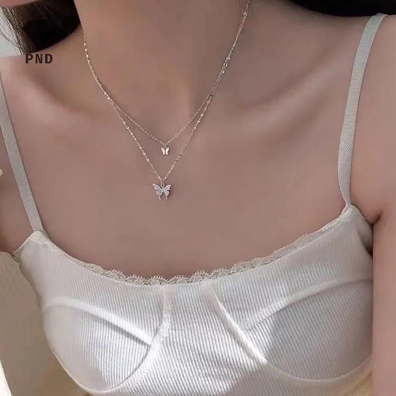 PND Double Layer Clavicle Chain สร้อยคอเครื่องประดับเพทายสร้อยคอจี้ผีเสื้อสําหรับผู้หญิงอุปกรณ์เสริม