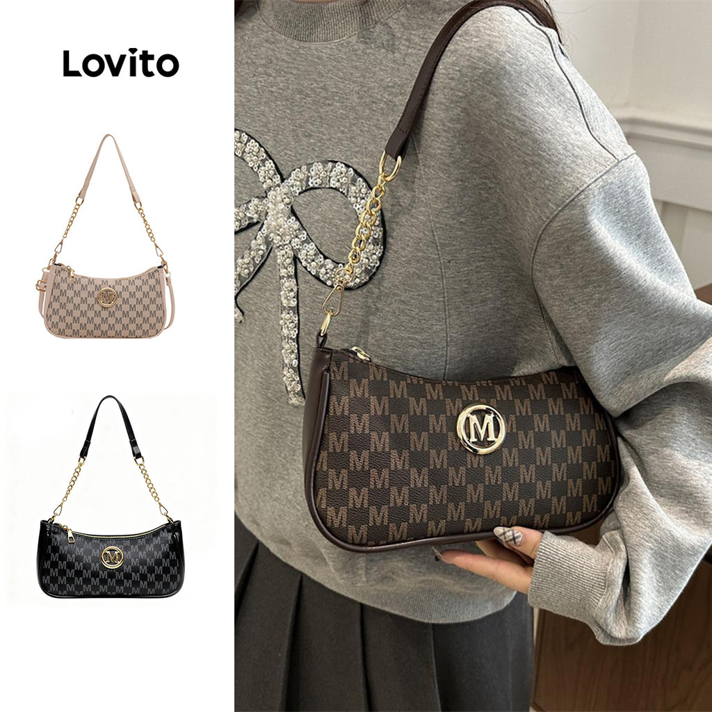 Lovito ลำลองสีพื้นLogo Retro Print กระเป๋าทรงสี่เหลี่ยมจัตุรัสFashion Daily Matching เล็กshoulder bag for Women LFA67053