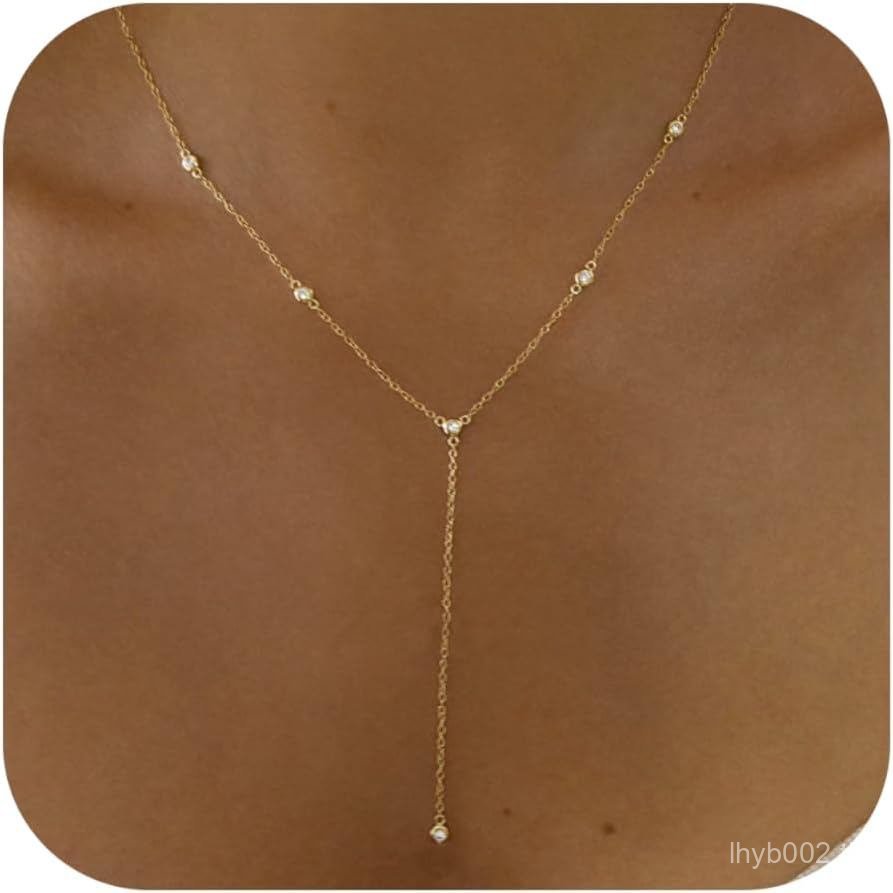 สร้อยคอทองสําหรับผู้หญิง, Dainty Gold สร้อยคอยาว 14 K Gold Plated Prom Bar CZ Lariat สร้อยคอ Simple 