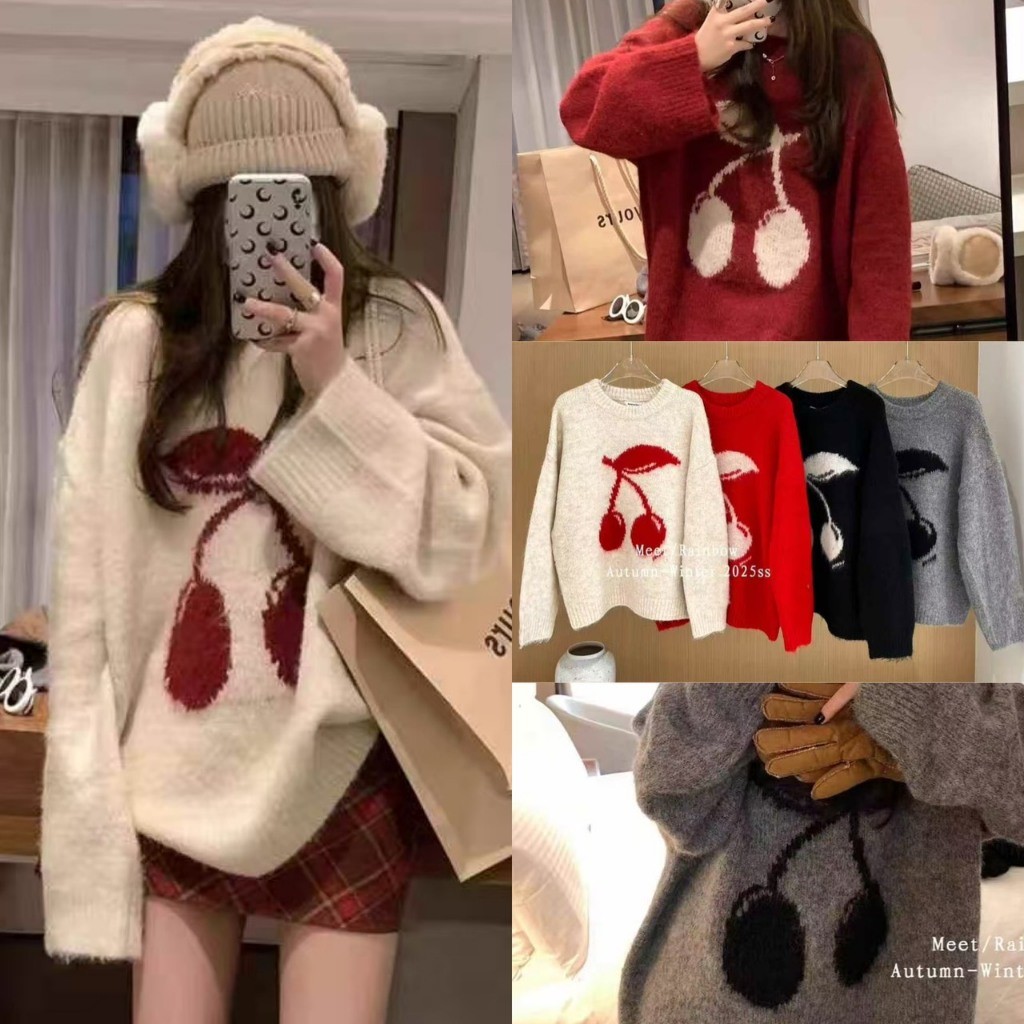 ❤ 🧵 🇰🇷 RB9983 เสื้อแขนยาวไหมพรม ลายเชอร์รี่ ผ้าหนานิ่มใส่สบาย งานสวยสีสวย แฟชั่นเกาหลี TAG Rain bow 🧵🧡