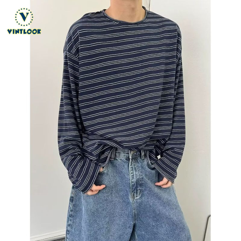 VINTLOOK เสื้อยืดแขนยาว stripes สไตล์สำหรับวันสบายของผู้ชาย