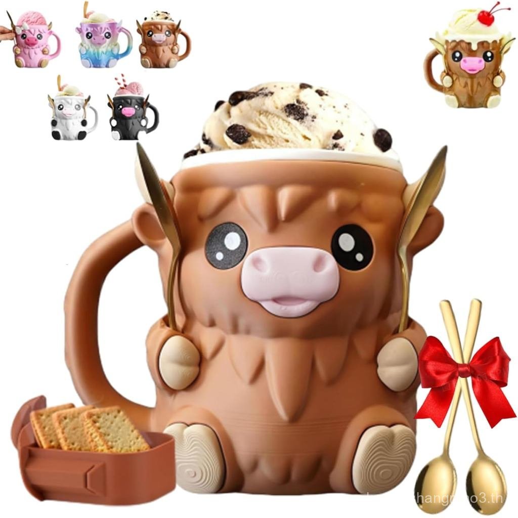 LELEBEAR Moo Mug ที่วางไอศกรีม, 2025 ใหม่ 3D Highland Cow Ice Cream Pint Holder พร้อมช้อนและด้ามจับ 