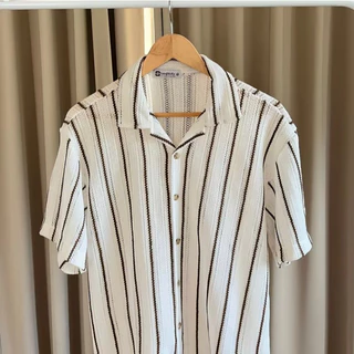 Knit Shirts • เสื้อถักแขนสั้นลายทางเล็กแอปริคอท M-3XL + ไซส์ใหญ่ หน้าผ้า56"/62"