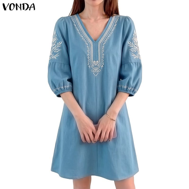 VONDA ผู้หญิงเกาหลีสไตล์ลําลอง V คอตําแหน่งดอกไม้รวบรวม Pleats ยืดหยุ่น Cuffs พัฟแขนหลวมทอสายสามในสี่แขนชุด