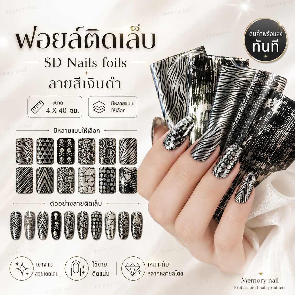 ฟอยล์ติดเล็บ ลายสีเงินดำ รหัส SD Nails foils เลือกสีด้านใน ขนาด 4X40 เซน