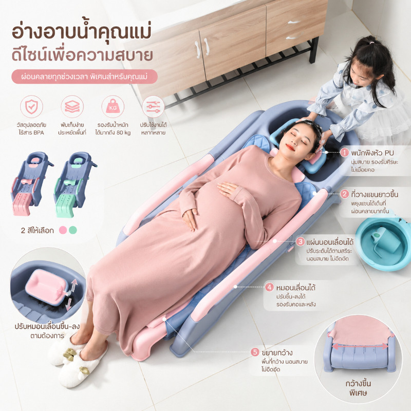 TH BABY เก้าอี้สระผม เตียงสระผม ใช้ได้ทั้งเด็กและผู้ใหญ่ ขนาดใหญ่พิเศษ พับเก็บได้ รับน้ำหนักได้ 150กก มีอ่างรองรับน้ำ