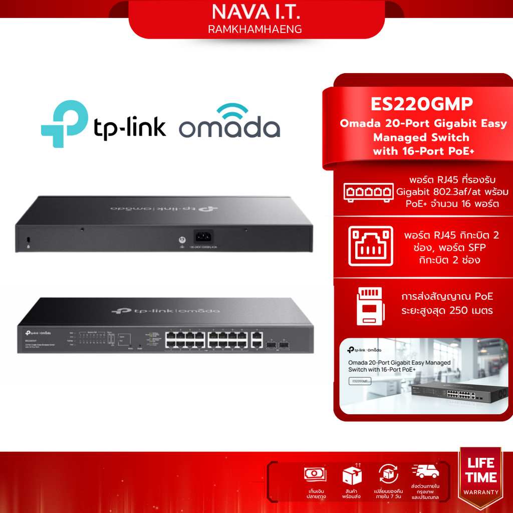 TP-LINK ES220GMP Omada 20-Port PoE+ Gigabit Easy Managed Switch รับประกันศูนย์ไทย