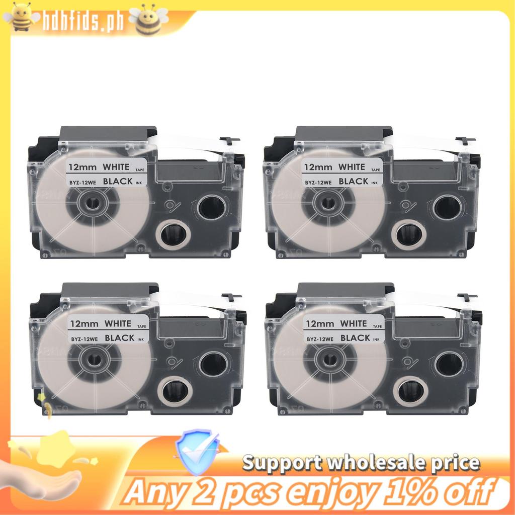-4 แพ็ค 12 มม.สีดําบน White Label Tape Label Maker ใช้งานร่วมกับ KL1500 KL2000 KL7000 KL7200 -100 KL
