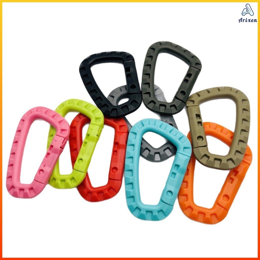 Arixen คาราบิเนอร์พลาสติกทรงD ล็อคได้ น้ำหนักเบา สำหรับกระเป๋าเป้ แขวนอุปกรณ์กลางแจ้ง ยุทธวิธี พวงกุญแจ
