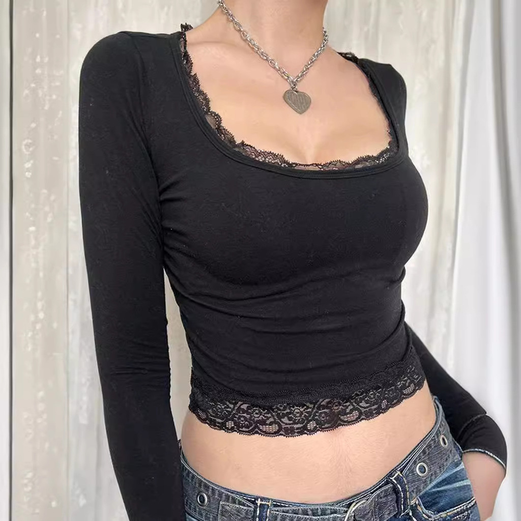 ฤดูใบไม้ผลิฤดูใบไม้ร่วงด้านบนสาวร้อนสไตล์เซ็กซี่ U-คอลูกไม้โบว์เย็บ Slim-fit Slimmer ดูแขนยาวเสื้อยื