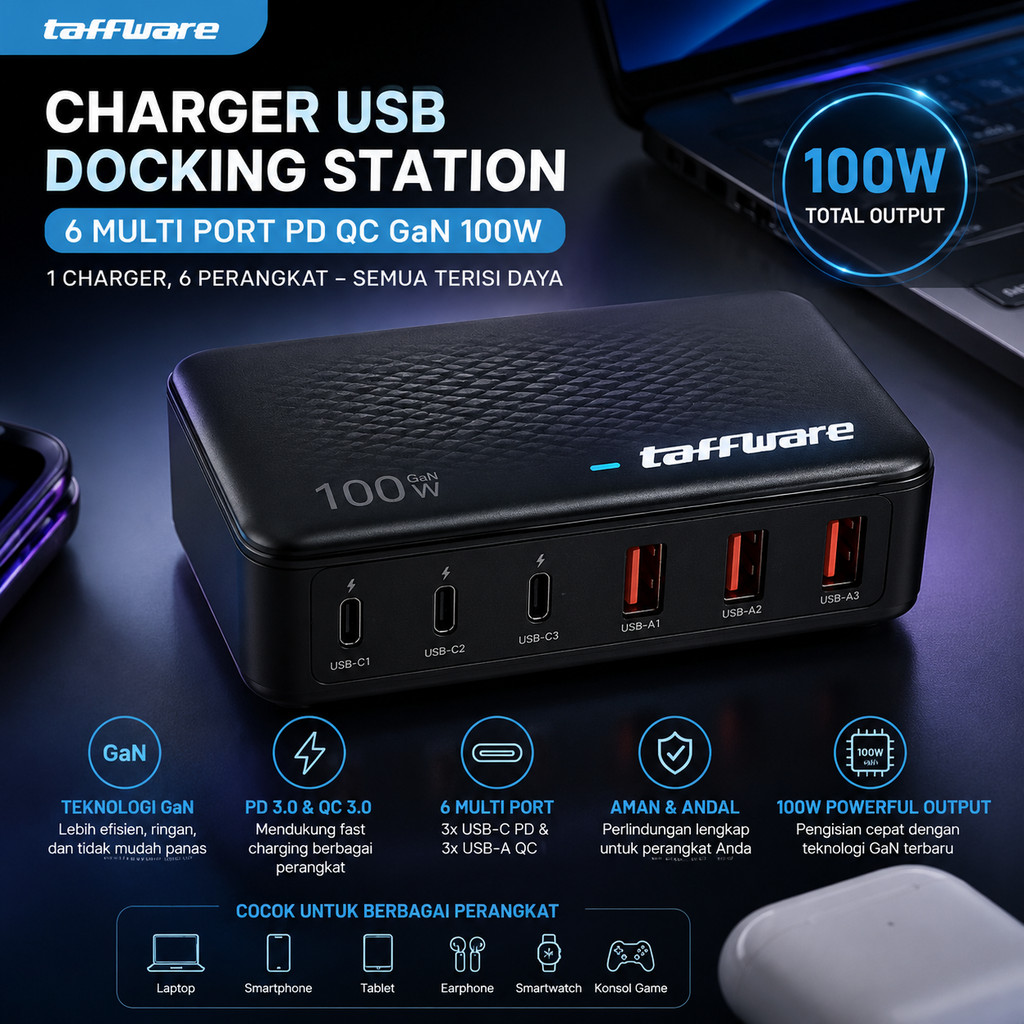 Afope Charger USB Docking Station 6 Multi Port PD QC GaN 100W - XHD-PD100W