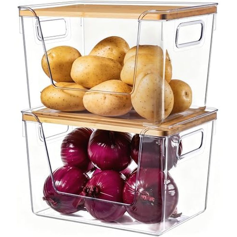 Stackable Clear Bins Crius 2 ผลไม้ PAN เก็บมันฝรั่ง PAN และภายใต้ PAN Sink Organizer PAN ชุดถังขยะกร