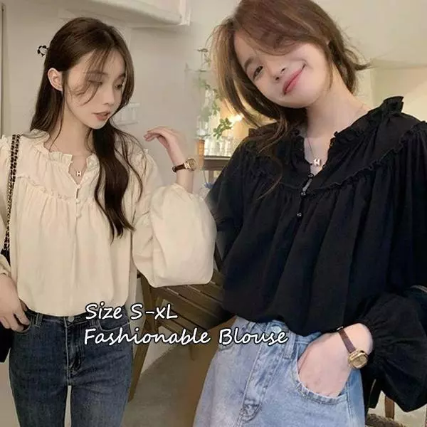 mimi&didi#เสื้อเบลาส์แขนยาวสีดำผู้หญิง วินเทจ คอกลม แขนพอง รุ่นหลวม เสื้อเชิ้ตเก๋ๆ แต่งระบาย#W690