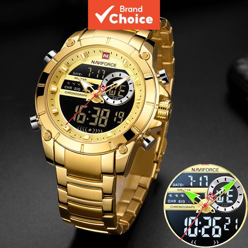 นาวิฟอร์ซ NF9163 นาฬิกาข้อมือควอตซ์หน้าปัดคู่กันน้ําสําหรับผู้ชาย สไตล์สปอร์ตทหาร สีทอง ทําจากสแตนเล