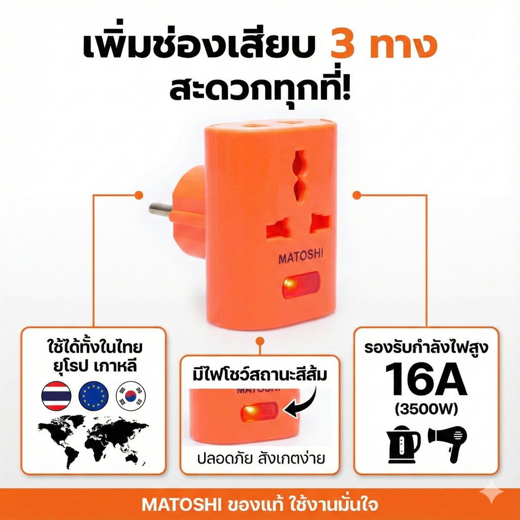 หัวแปลงปลั๊ก 3 ทาง MATOSHI 16A ขากลม 2 ขา (Type F) ใช้ได้ยุโรป เกาหลี ตัวเพิ่มช่องเสียบไฟ ปลั๊กพ่วงอย่างดี 250V