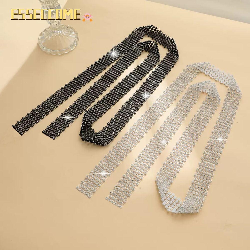 ESSECCOME Bling Scarf Neckerchief หรูหรา 1. เนคไท พลอยเทียม เงายาว, สง่างามประกายคริสตัลเนคไทคอปกผู้หญิงแฟชั่น