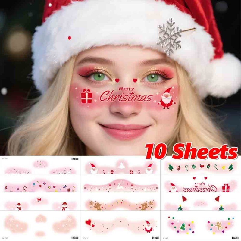 3/5/10แผ่นหน้าคริสต์มาสรอยสักชั่วคราว-น่ารักซานตากระสักสติกเกอร์-กันน้ําแต่งหน้าสักปลอมสําหรับสาวพรรค