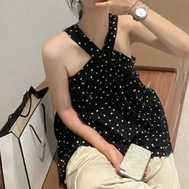 crush~ผู้หญิง คอเสื้อ แขนกุด การพิมพ์ Wave Dot เสื้อกั๊ก Halter ฝรั่งเศส อารมณ์ เสื้อ