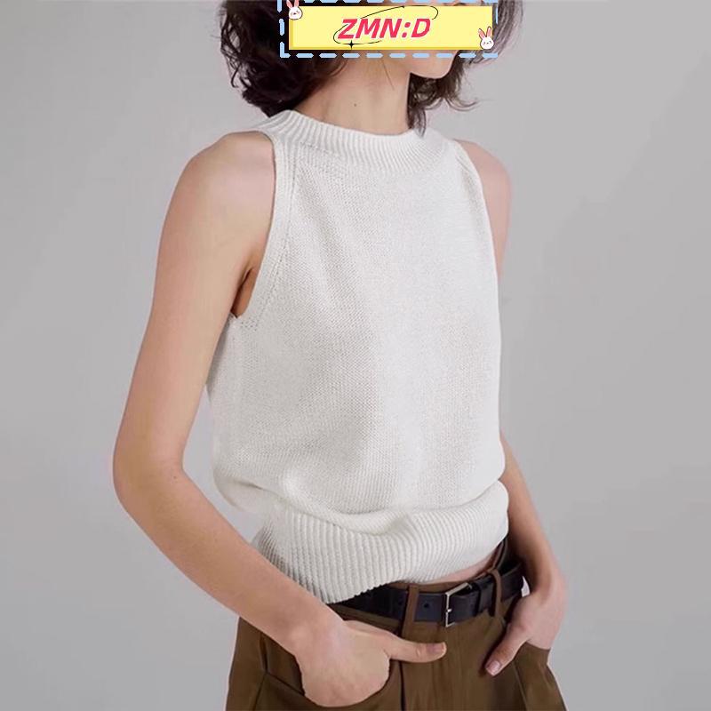 ZMN:D แฟชั่นลําลองลายรอบคอแขนกุดถักเสื้อกั๊กสําหรับผู้หญิง RRT