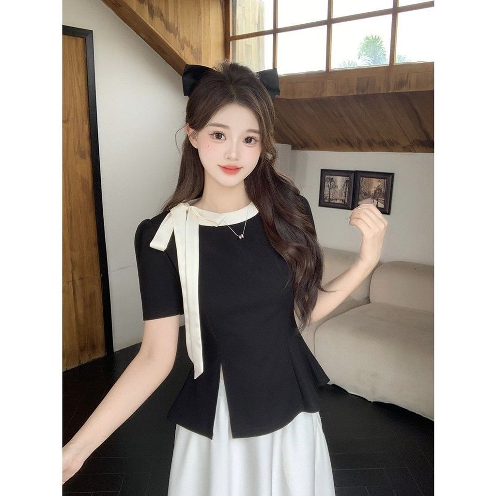 ขนาดใหญ่ขนาด Contrast สี Lace-Up Bow Slit แขนสั้นเสื้อยืดผู้หญิงฤดูร้อนสไตล์ใหม่ไขมัน mm หลวม Slimmer ดู F
