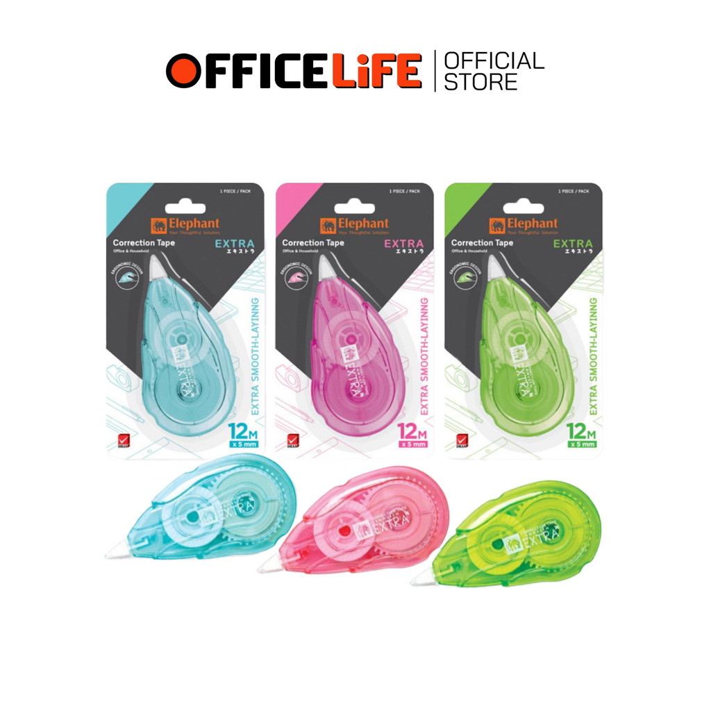 Elephant (ตราช้าง) เทปลบคำผิด เทปลบ รุ่น EXTRA เอ็กซ์ตร้า 5 มม.x 12ม. (จำนวน 1 ชิ้น / คละสี)