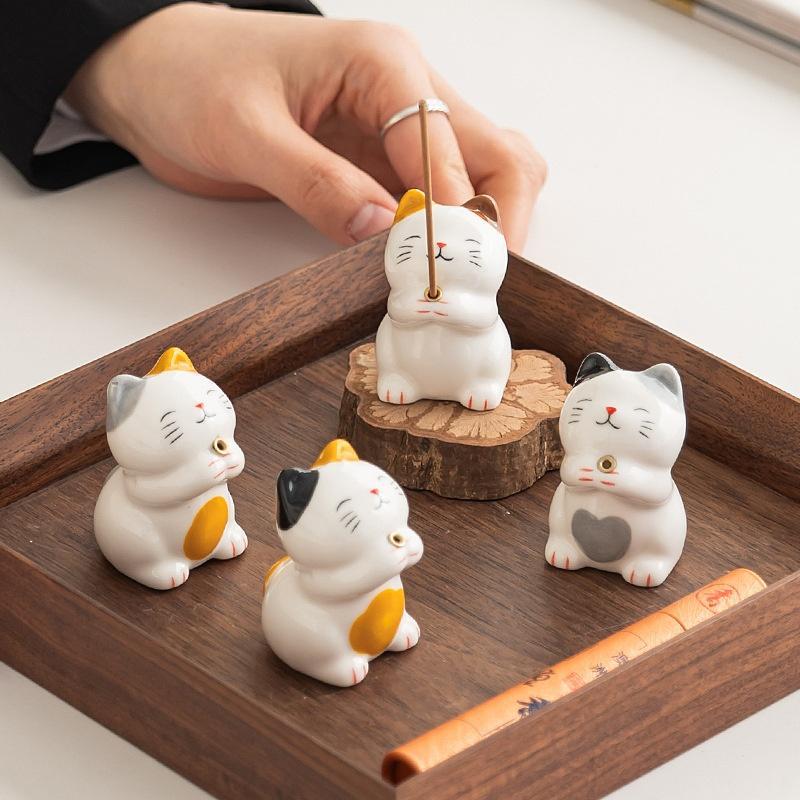 ตุ๊กตาแมวเรียกทรัพย์เซรามิก ที่เสียบเทียนหอม ตกแต่งโต๊ะชา น่ารัก งานศิลปะ