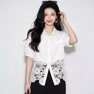 Dode 99408#เสื้อเชิ้ตแขนสั้นสำหรับผู้หญิง คอลเล็กชั่นฤดูร้อนปี 2026 สีขาว สไตล์ฝรั่งเศส ตกแต่งด้วยลูกไม้แบบปะติดปะต่อ