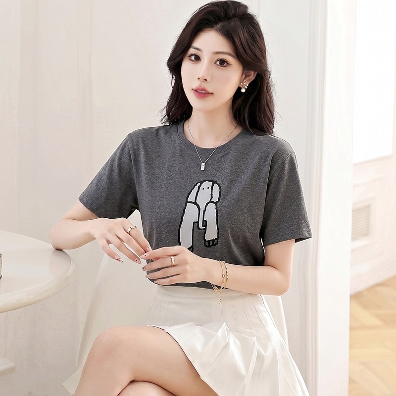 หลวมแขนสั้นเสื้อยืดผู้หญิง 2026 ฤดูร้อนช้างพิมพ์รอบคอ Slimmer ดู Casual Top 2GMX